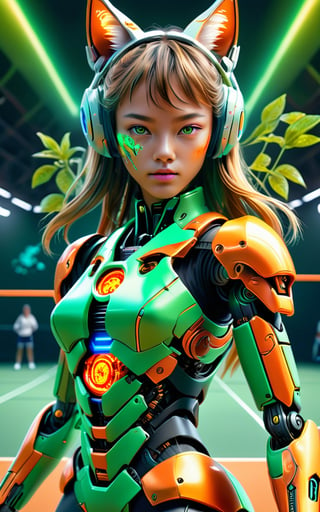 Tiger tennis player in tennis court, (masterpiece:1.1), (highest quality:1.1), (HDR:1.0), extreme quality, cg, (negative space), detailed face+eyes, 1girl, fox ears, (plants:1.18), (fractal art), (bright colors), splashes of color background, colors mashing, paint splatter, complimentary colors, neon, compassionate, electric, limited palette, synthwave, fine art, tan skin, full body, (green and orange:1.2), time stop, sy3, SMM,photo r3al,mecha,DonMCyb3rN3cr0XL 