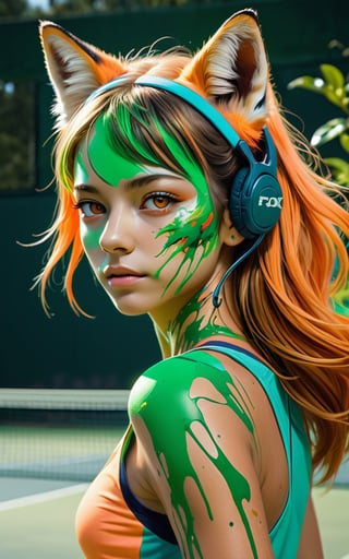 Tiger tennis player in tennis court, (masterpiece:1.1), (highest quality:1.1), (HDR:1.0), extreme quality, cg, (negative space), detailed face+eyes, 1girl, fox ears, (plants:1.18), (fractal art), (bright colors), splashes of color background, colors mashing, paint splatter, complimentary colors, neon, compassionate, electric, limited palette, synthwave, fine art, tan skin, full body, (green and orange:1.2), time stop, sy3, SMM,photo r3al