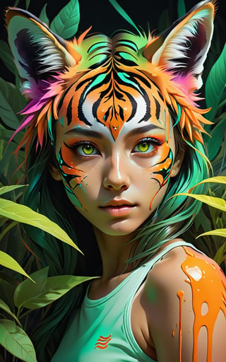 (masterpiece:1.1), (highest quality:1.1), (HDR:1.0), extreme quality, cg, (negative space), detailed face+eyes, 1girl, fox ears, (plants:1.18), (fractal art), (bright colors), splashes of color background, colors mashing, paint splatter, complimentary colors, neon, (tiger tennis player), compassionate, electric, limited palette, synthwave, fine art, tan skin, full body, (green and orange:1.2), time stop, sy3, SMM