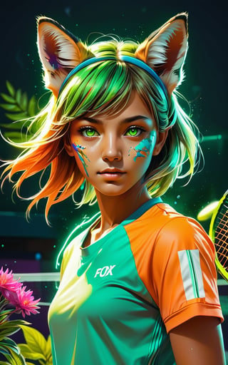 Tiger tennis player in tennis court, (masterpiece:1.1), (highest quality:1.1), (HDR:1.0), extreme quality, cg, (negative space), detailed face+eyes, 1girl, fox ears, (plants:1.18), (fractal art), (bright colors), splashes of color background, colors mashing, paint splatter, complimentary colors, neon, compassionate, electric, limited palette, synthwave, fine art, tan skin, full body, (green and orange:1.2), time stop, sy3, SMM,photo r3al