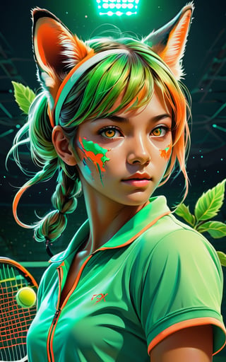 Tiger tennis player in tennis court, (masterpiece:1.1), (highest quality:1.1), (HDR:1.0), extreme quality, cg, (negative space), detailed face+eyes, 1girl, fox ears, (plants:1.18), (fractal art), (bright colors), splashes of color background, colors mashing, paint splatter, complimentary colors, neon, compassionate, electric, limited palette, synthwave, fine art, tan skin, full body, (green and orange:1.2), time stop, sy3, SMM,photo r3al