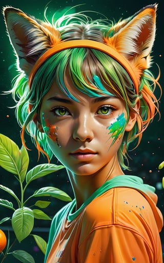 Tiger tennis player in tennis court, (masterpiece:1.1), (highest quality:1.1), (HDR:1.0), extreme quality, cg, (negative space), detailed face+eyes, 1girl, fox ears, (plants:1.18), (fractal art), (bright colors), splashes of color background, colors mashing, paint splatter, complimentary colors, neon, compassionate, electric, limited palette, synthwave, fine art, tan skin, full body, (green and orange:1.2), time stop, sy3, SMM,photo r3al