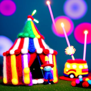 cinestill, miniwool portrait of a cute beautiful colorful circus tent, depth of field, cute fireworks, cute small people, ultra detailed, high quality, highres, vivid background, 