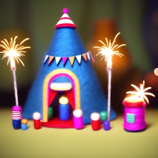 cinestill, miniwool portrait of a cute beautiful colorful circus tent, depth of field, cute fireworks, cute small people, ultra detailed, high quality, highres, vivid background, 