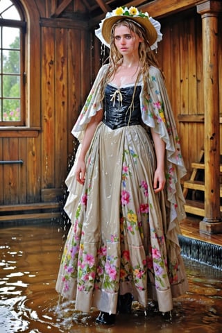 An concept art of an ethereal wet irish alchemist , portrait of a beautiful woman. .A wet girl wearing a wet floral bridalgown, a flowered hat, long wet mediaval cape. Capturing the essence of Manet's 'Spring', dripping wet hair, ,Masterpiece,Half-timbered Construction,, wet skin, wet face, wet heavy longskirt, boots,  .
(masterpiece, top quality, best quality, official art, beautiful and aesthetic:1.2), extreme detailed, highest detailed, ,Masterpiece,Color Booster,wet hair, wet heavy longskirt, boots, wet robe, layered longskirt, face focused
,soakingwetclothes,art_booster,wagasa,oil-paper,score_9,oil paint 