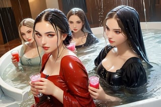 real 50 mm photo, Torrential rain, modern sitcom, indoor hall, photographs, Four women in gothic peasant dresses drapped by winter shawls in a tea party are holding drinks in the rain conversation , covered in water drenched, water oil cascading clothes hair and skin, phones, face focused, beautiful detailed eyes, beautiful detailed lips, extremely detailed face and features, long eyelashes, soft glowing skin, serene expression, detailed clothing folds, detailed jewelry, detailed background, (best quality,4k,8k,highres,masterpiece:1.2),ultra-detailed,(realistic,photorealistic,photo-realistic),vibrant colors,dramatic lighting,award winning digital art, , (((wet clothes, wet hair, wet skin, wet, soaked, clothes cling to skin:1.2)),soakingwetclothes