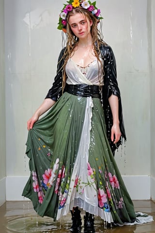 An concept art of an ethereal wet irish alchemist , portrait of a beautiful woman. .A wet girl wearing a wet floral ballgowb, a flowered hat, long wet mediaval shawl draped. Capturing the essence of Manet's 'Spring', dripping wet hair, ,Masterpiece,white tiled background,, wet skin, wet face, wet heavy dress, 
(masterpiece, top quality, best quality, official art, beautiful and aesthetic:1.2), extreme detailed, highest detailed, ,Masterpiece,Color Booster,wet hair, wet heavy longskirt, boots, wet robe, layered dress, face focused
,soakingwetclothes,art_booster,wagasa,oil-paper,score_9,oil paint 