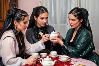 Captured in a single take with a real 50mm lens, this stunning photo showcases four women gathered for an indoor tea party amidst a torrential downpour. Donning gothic peasant dresses and winter shawls, they sit amidst the chaos, their faces aglow as they engage in conversation over steaming cups and saucers. Water-drenched hair clings to their skin as oil glistens on wet clothes, while phones lay scattered around them, forgotten in the midst of laughter and connection. Each woman's face is a masterpiece, with beautiful detailed eyes, lips, and features that seem almost three-dimensional. Long eyelashes frame their gaze, which shines softly against the serene expression, like a work of art come to life. Every fold of their clothing, every glint of jewelry, and every detail of the background seems meticulously crafted, as if plucked from a painter's canvas. (((wet clothes, wet hair, wet skin, wet, soaked, clothes cling to skin:1.2)),soakingwetclothes