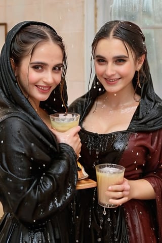 real 50 mm photo, Torrential  rain,  modern sitcom, indoor hall, photographs, Four women in gothic peasant dresses covered by winter shawls in a tea party are holding drinks and smiling in the rain conversation , covered in water drenched,  water oil cascading clothes hair and skin, phones, face focused, beautiful detailed eyes, beautiful detailed lips, extremely detailed face and features, long eyelashes, soft glowing skin, serene expression, detailed clothing folds, detailed jewelry, detailed background, (best quality,4k,8k,highres,masterpiece:1.2),ultra-detailed,(realistic,photorealistic,photo-realistic:1.37),vibrant colors,dramatic lighting,award winning digital art, ,  (((wet clothes, wet hair, wet skin, wet, soaked, clothes cling to skin:1.5)))