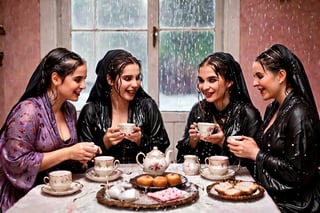 Captured in a single take with a real 50mm lens, this stunning photo showcases four women gathered for an indoor tea party amidst a torrential downpour. Donning gothic peasant dresses and winter shawls, they sit amidst the chaos, their faces aglow as they engage in conversation over steaming cups and saucers. Water-drenched hair clings to their skin as oil glistens on wet clothes, while phones lay scattered around them, forgotten in the midst of laughter and connection. Each woman's face is a masterpiece, with beautiful detailed eyes, lips, and features that seem almost three-dimensional. Long eyelashes frame their gaze, which shines softly against the serene expression, like a work of art come to life. Every fold of their clothing, every glint of jewelry, and every detail of the background seems meticulously crafted, as if plucked from a painter's canvas. (((wet clothes, wet hair, wet skin, wet, soaked, clothes cling to skin:1.2)),soakingwetclothes