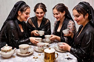 Captured in a single take with a real 50mm lens, this stunning photo showcases four women gathered for an indoor tea party amidst a torrential downpour. Donning gothic peasant dresses and winter shawls, they sit amidst the chaos, their faces aglow as they engage in conversation over steaming cups and saucers. Water-drenched hair clings to their skin as oil glistens on wet clothes, while phones lay scattered around them, forgotten in the midst of laughter and connection. Each woman's face is a masterpiece, with beautiful detailed eyes, lips, and features that seem almost three-dimensional. Long eyelashes frame their gaze, which shines softly against the serene expression, like a work of art come to life. Every fold of their clothing, every glint of jewelry, and every detail of the background seems meticulously crafted, as if plucked from a painter's canvas. (((wet clothes, wet hair, wet skin, wet, soaked, clothes cling to skin:1.2)),soakingwetclothes