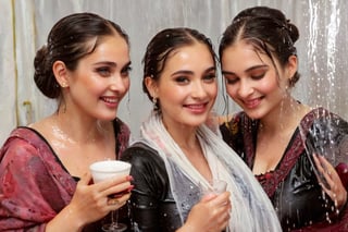 real 50 mm photo, Torrential rain, modern sitcom, indoor hall, photographs, Four women in gothic peasant dresses covered by winter shawls in a tea party are holding drinks and smiling in the rain conversation , covered in water drenched, water oil cascading clothes hair and skin, phones, face focused, beautiful detailed eyes, beautiful detailed lips, extremely detailed face and features, long eyelashes, soft glowing skin, serene expression, detailed clothing folds, detailed jewelry, detailed background, (best quality,4k,8k,highres,masterpiece:1.2),ultra-detailed,(realistic,photorealistic,photo-realistic),vibrant colors,dramatic lighting,award winning digital art, , (((wet clothes, wet hair, wet skin, wet, soaked, clothes cling to skin:1.2)),soakingwetclothes