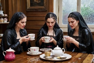 Captured in a single take with a real 50mm lens, this stunning photo showcases four women gathered for an indoor tea party amidst a torrential downpour. Donning gothic peasant dresses and winter shawls, they sit amidst the chaos, their faces aglow as they engage in conversation over steaming cups and saucers. Water-drenched hair clings to their skin as oil glistens on wet clothes, while phones lay scattered around them, forgotten in the midst of laughter and connection. Each woman's face is a masterpiece, with beautiful detailed eyes, lips, and features that seem almost three-dimensional. Long eyelashes frame their gaze, which shines softly against the serene expression, like a work of art come to life. Every fold of their clothing, every glint of jewelry, and every detail of the background seems meticulously crafted, as if plucked from a painter's canvas. (((wet clothes, wet hair, wet skin, wet, soaked, clothes cling to skin:1.2)),soakingwetclothes