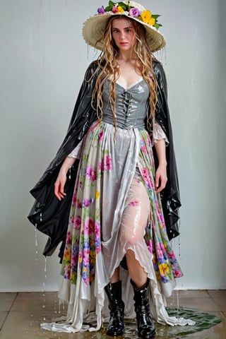 An concept art of an ethereal wet irish alchemist , portrait of a beautiful woman. .A wet girl wearing a wet floral bridalgown, a flowered hat, long wet mediaval cape. Capturing the essence of Manet's 'Spring', dripping wet hair, ,Masterpiece,white tiled background,, wet skin, wet face, wet heavy longskirt, boots,  .
(masterpiece, top quality, best quality, official art, beautiful and aesthetic:1.2), extreme detailed, highest detailed, ,Masterpiece,Color Booster,wet hair, wet heavy longskirt, boots, wet robe, layered longskirt, face focused
,soakingwetclothes,art_booster,wagasa,oil-paper,score_9,oil paint 