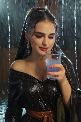 real 50 mm photo, Torrential  rain,  modern sitcom, indoor hall, photographs, Four women in gothic peasant dresses covered by winter shawls in a tea party are holding drinks and smiling in the rain conversation , covered in water drenched,  water oil cascading clothes hair and skin, phones, face focused, beautiful detailed eyes, beautiful detailed lips, extremely detailed face and features, long eyelashes, soft glowing skin, serene expression, detailed clothing folds, detailed jewelry, detailed background, (best quality,4k,8k,highres,masterpiece:1.2),ultra-detailed,(realistic,photorealistic,photo-realistic:1.37),vibrant colors,dramatic lighting,award winning digital art, ,  (((wet clothes, wet hair, wet skin, wet, soaked, clothes cling to skin:1.5)))