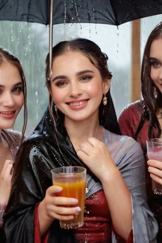 real 50 mm photo, Torrential  rain,  modern sitcom, indoor hall, photographs, Four women in gothic peasant dresses covered by winter shawls in a tea party are holding drinks and smiling in the rain conversation , covered in water drenched,  water oil cascading clothes hair and skin, phones, face focused, beautiful detailed eyes, beautiful detailed lips, extremely detailed face and features, long eyelashes, soft glowing skin, serene expression, detailed clothing folds, detailed jewelry, detailed background, (best quality,4k,8k,highres,masterpiece:1.2),ultra-detailed,(realistic,photorealistic,photo-realistic:1.37),vibrant colors,dramatic lighting,award winning digital art, ,  (((wet clothes, wet hair, wet skin, wet, soaked, clothes cling to skin:1.5)))