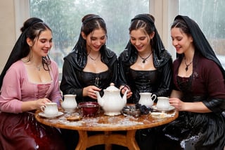 Captured in a single take with a real 50mm lens, this stunning photo showcases four women gathered for an indoor tea party amidst a torrential downpour. Donning gothic peasant dresses and winter shawls, they sit amidst the chaos, their faces aglow as they engage in conversation over steaming cups and saucers. Water-drenched hair clings to their skin as oil glistens on wet clothes, while phones lay scattered around them, forgotten in the midst of laughter and connection. Each woman's face is a masterpiece, with beautiful detailed eyes, lips, and features that seem almost three-dimensional. Long eyelashes frame their gaze, which shines softly against the serene expression, like a work of art come to life. Every fold of their clothing, every glint of jewelry, and every detail of the background seems meticulously crafted, as if plucked from a painter's canvas. (((wet clothes, wet hair, wet skin, wet, soaked, clothes cling to skin:1.2)),soakingwetclothes