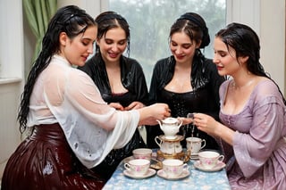 Captured in a single take with a real 50mm lens, this stunning photo showcases four women gathered for an indoor tea party amidst a torrential downpour. Donning gothic peasant dresses and winter shawls, they sit amidst the chaos, their faces aglow as they engage in conversation over steaming cups and saucers. Water-drenched hair clings to their skin as oil glistens on wet clothes, while phones lay scattered around them, forgotten in the midst of laughter and connection. Each woman's face is a masterpiece, with beautiful detailed eyes, lips, and features that seem almost three-dimensional. Long eyelashes frame their gaze, which shines softly against the serene expression, like a work of art come to life. Every fold of their clothing, every glint of jewelry, and every detail of the background seems meticulously crafted, as if plucked from a painter's canvas. (((wet clothes, wet hair, wet skin, wet, soaked, clothes cling to skin:1.2)),soakingwetclothes