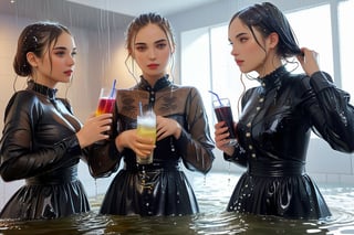 real 50 mm photo, Torrential rain, modern sitcom, indoor hall, photographs, Four women in gothic peasant dresses drapped by winter shawls in a tea party are holding drinks in the rain conversation , covered in water drenched, water oil cascading clothes hair and skin, phones, face focused, beautiful detailed eyes, beautiful detailed lips, extremely detailed face and features, long eyelashes, soft glowing skin, serene expression, detailed clothing folds, detailed jewelry, detailed background, (best quality,4k,8k,highres,masterpiece:1.2),ultra-detailed,(realistic,photorealistic,photo-realistic),vibrant colors,dramatic lighting,award winning digital art, , (((wet clothes, wet hair, wet skin, wet, soaked, clothes cling to skin:1.2)),soakingwetclothes