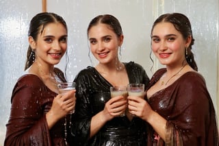 real 50 mm photo, Torrential rain, modern sitcom, indoor hall, photographs, Four women in gothic peasant dresses drapped by winter shawls in a tea party are holding drinks and smiling in the rain conversation , covered in water drenched, water oil cascading clothes hair and skin, phones, face focused, beautiful detailed eyes, beautiful detailed lips, extremely detailed face and features, long eyelashes, soft glowing skin, serene expression, detailed clothing folds, detailed jewelry, detailed background, (best quality,4k,8k,highres,masterpiece:1.2),ultra-detailed,(realistic,photorealistic,photo-realistic),vibrant colors,dramatic lighting,award winning digital art, , (((wet clothes, wet hair, wet skin, wet, soaked, clothes cling to skin:1.2)),soakingwetclothes