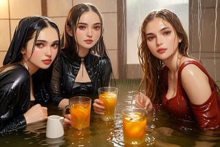 real 50 mm photo, Torrential rain, modern sitcom, indoor hall, photographs, Four women in gothic peasant dresses drapped by winter shawls in a tea party are holding drinks in the rain conversation , covered in water drenched, water oil cascading clothes hair and skin, phones, face focused, beautiful detailed eyes, beautiful detailed lips, extremely detailed face and features, long eyelashes, soft glowing skin, serene expression, detailed clothing folds, detailed jewelry, detailed background, (best quality,4k,8k,highres,masterpiece:1.2),ultra-detailed,(realistic,photorealistic,photo-realistic),vibrant colors,dramatic lighting,award winning digital art, , (((wet clothes, wet hair, wet skin, wet, soaked, clothes cling to skin:1.2)),soakingwetclothes