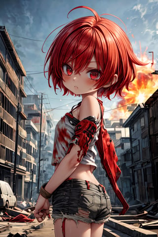 (chibi ::1.2),In a post-apocalyptic world,a girl with fiery red hair runs away from a huge explosion. Her determined look and tattered clothes are in stark contrast to the destruction and chaos that surrounds her. (masterpiece,best quality,super detailed,high quality) resolution,highly detailed,textured skin,akemi,hot sexy standing straight in a tpose