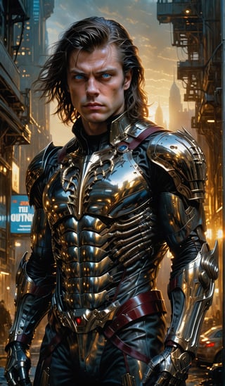 A  super hero stands tall, full-body portrait in polished chrome armour with intricate gold and burgundy accents. blue eyes pierce through the darkness, illuminating a cityscape at dusk. Craig Mullins and H.R. Giger's character design brings forth a sense of otherworldly strength. Realistic digital painting captures every detail, from the armoured suit to the subject's determined pose. Cinematic lighting highlights the hero's figure against a misty blue-grey sky as if suspended in mid-air. A 4K resolution masterpiece, this portrait embodies the essence of superheroism., Handsome boy