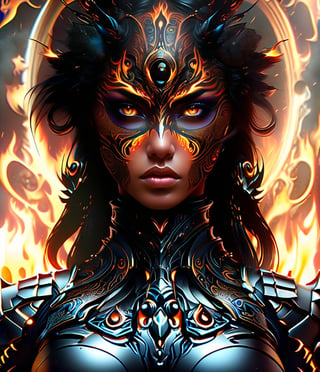 Those eyes are like the fire of a winged insect you’re an inferno armour, full body  Tribal style tattoo, Gothic design Armour, Abstract, Surrealism, Blackout, high quality, tattooed front face, looking at the viewer, fire in the background, face tattooed, black eye shadow, InBlackHoleTechAI