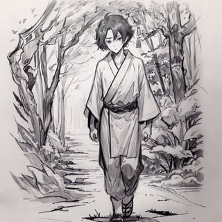 messy lines, greyscale, hatching (texture), sketch),monochrome,drawing, Masterpiece, Excellent Quality, Panoramic Scene of a Japanese Lush Forest, a young man wearing a kimono, black hair, Seen from afar,  Walking Through the Forest, They Look Extremely Small Compared to the Trees, unfinished, traditional media