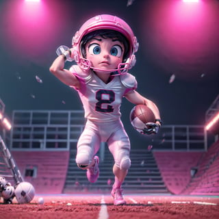 (detailed beautiful eyes and detailed face, masterpiece side light, masterpiece, best quality, detailed, high resolution illustration), (((1cute cartoon boy american football player))), (white and pink football suit with mechanical gear:1.38), protection gear, american football court, armor, extra large helmet, beautiful big eyes, (throw football pose:1.38), front_view,  ((extra big head:1.5)), (((extra small body))), ((running:1.38)), (ultra blur background:1.4), many neon light from gear, red neon light, blur background, dynamic light on body, ((front view)),(full body), urban techwear,C7b3rp0nkStyle,3DMM,handegg,urban techwear,retrowavetech,helmet, shoulder armor