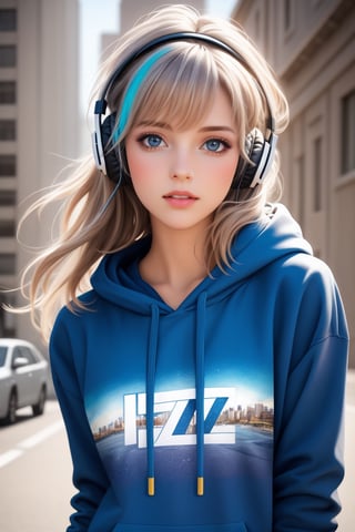 Hyperrealistic hyperdetalization professionally filigreed juicy colors realistic colored lápices de colores dibujo de una chica apasionada jazz con ojos grandes pestañas largas labios delicados busto completo enfoque en el busto, headphone, hoodies,