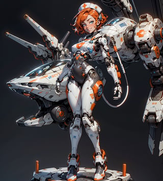  1 girl , Nurse , cute girl, pretty eyes, cheeky face , short Orange hair, naked, big boobs, curvy_figure , appendages in matching pairs , proper robot Sneakers , proper robot hands , naughty grin , Sci-fi, ultra high res, futuristic , {(little robot)}, {(solo)}, full body , {(complex, Machine background ,spaceship Medical bay interior background, Mecha medical parts)}