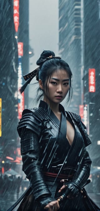 Create a last samurai woman in age of technology, Last battle,,holding katana, background of futuristic tokyo, dark rainy day, highly detailed.,Movie Still,oni style,DonMPl4sm4T3chXL ,DonMCyb3rN3cr0XL ,DonMWr41thXL ,Film Still