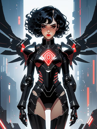 (by Loish, Leyendecker, james gilleard),  A full body shot of a young goth woman, short black curly hair, slightly smiling, one raised eyebrow, wearing a black metal cyborg suit , red lips, dark eye makeup, dark future battlefield background, ,heavy_jacket,Fire Angel Mecha