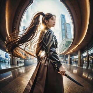 Realistic 16K resolution photography of a girl with golden wavy hair flows in the wind; wearing a brown jacket and leather pants, black boots, and a black sword in her hand, walking in the MRT station, with round metal pillars and a ceiling made of colored glass behind her.
break, 
1 girl, Exquisitely perfect symmetric very gorgeous face, Exquisite delicate crystal clear skin, Detailed beautiful delicate eyes, perfect slim body shape, slender and beautiful fingers, nice hands, perfect hands, illuminated by film grain, realistic skin, dramatic lighting, soft lighting, exaggerated perspective of ((fisheye lens depth)),