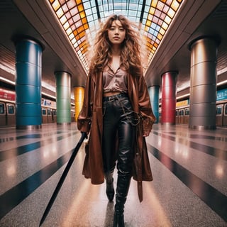 Realistic 16K resolution photography of a girl with golden wavy hair flows in the wind; wearing a brown jacket and leather pants, black boots, and a black sword in her hand, walking in the MRT station, with round metal pillars and a ceiling made of colored glass behind her.
break, 
1 girl, Exquisitely perfect symmetric very gorgeous face, Exquisite delicate crystal clear skin, Detailed beautiful delicate eyes, perfect slim body shape, slender and beautiful fingers, nice hands, perfect hands, illuminated by film grain, realistic skin, dramatic lighting, soft lighting, exaggerated perspective of ((fisheye lens depth)),