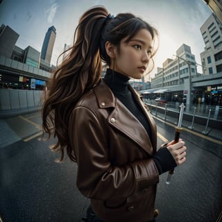 Realistic 16K resolution photography of a girl with golden wavy hair flows in the wind; wearing a brown jacket and leather pants, black boots, and a black sword in her hand, walking in the MRT station, with round metal pillars and a ceiling made of colored glass behind her.
break, 
1 girl, Exquisitely perfect symmetric very gorgeous face, Exquisite delicate crystal clear skin, Detailed beautiful delicate eyes, perfect slim body shape, slender and beautiful fingers, nice hands, perfect hands, illuminated by film grain, realistic skin, dramatic lighting, soft lighting, exaggerated perspective of ((fisheye lens depth)),