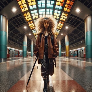 Realistic 16K resolution photography of a girl with golden wavy hair flows in the wind; wearing a brown jacket and leather pants, black boots, and a black sword in her hand, walking in the MRT station, with round metal pillars and a ceiling made of colored glass behind her.
break, 
1 girl, Exquisitely perfect symmetric very gorgeous face, Exquisite delicate crystal clear skin, Detailed beautiful delicate eyes, perfect slim body shape, slender and beautiful fingers, nice hands, perfect hands, illuminated by film grain, realistic skin, dramatic lighting, soft lighting, exaggerated perspective of ((fisheye lens depth)),