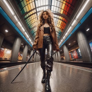 Realistic 16K resolution photography of a girl with golden wavy hair flows in the wind; wearing a brown jacket and leather pants, black boots, and a black sword in her hand, walking in the MRT station, with round metal pillars and a ceiling made of colored glass behind her.
break, 
1 girl, Exquisitely perfect symmetric very gorgeous face, Exquisite delicate crystal clear skin, Detailed beautiful delicate eyes, perfect slim body shape, slender and beautiful fingers, nice hands, perfect hands, illuminated by film grain, realistic skin, dramatic lighting, soft lighting, exaggerated perspective of ((fisheye lens depth)),