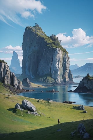 prehistoric planet earth with lots of water, image as if from a comic, whit bold lines,no_humans, another planet is visible close in the sky, mountains, rocks covered with grass, blue sky, voluminous clouds, blue water, blurry image, high detail, looks like a movie, fantastic landscape, green grass