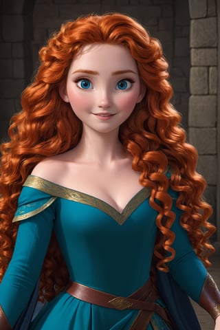 ((Generate  Portrait of  princess Merida, )) 
ginger curly very long hair, smile, blue eyes,  beautiful,  gorgeous,  (Wearing a medieval Scottish dress,)