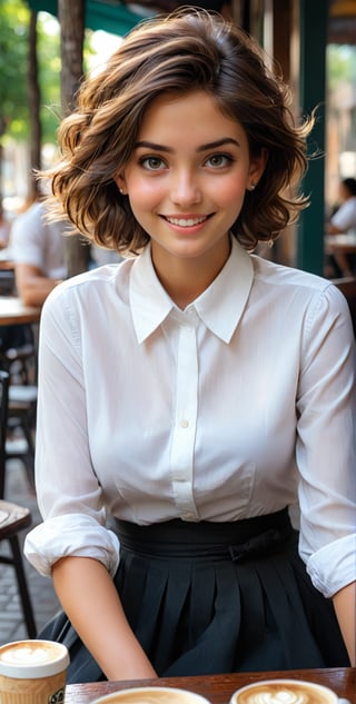 best quality, masterpiece, ultra high res, (photorealistic:1.4), RAW photo, 1 girl, detailed beautiful face, detailed beautiful eyes, round face, short hair, earrings, (white shirt:1.3), (black long skirt), having coffee, sidewalk café, outdoor, sitting on chair, smile