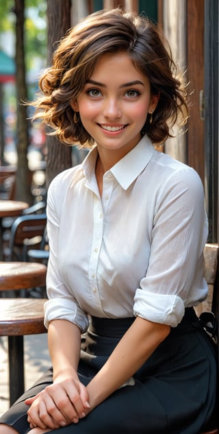 best quality, masterpiece, ultra high res, (photorealistic:1.4), RAW photo, 1 girl, detailed beautiful face, detailed beautiful eyes, round face, short hair, earrings, (white shirt:1.3), (black long skirt), having coffee, sidewalk café, outdoor, sitting on chair, smile