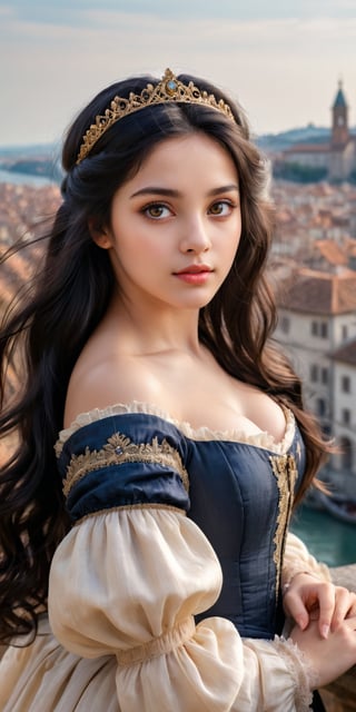 image, photography, pretty princess from the 17th century, jet black hair, big honey-colored eyes, beautiful face, half-body focus, typical city of Renaissance in the background, realistic, detailed, ultra HD, 8k