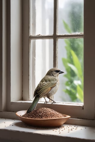 (Generate hyper realistic image of  captivating scene featuring by a bird on a window sill eating some seeds:1.4), detailed background, RAW photo, subject, 8k, soft lighting, high quality, film grain, Fujifilm, photography style , Extremely Realistic,  ,photo r3al,gbaywing