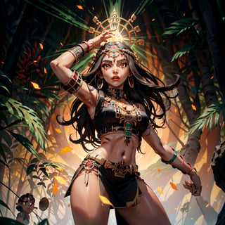 Masterpiece, ultra hd, 8k,  (red eyes), (bright eyes:1.2), (brownskin), glowing red eyes, perfect figure, finely detailed_body, one female, aztec woman, (solo), very long hair, (black hair), aztec clothes, aztec goddess, aztec tattoos,  |  ((dynamic angle, dynamic pose)), detailed background, Glowing Runes, sunshine, jungle, Detailed face,