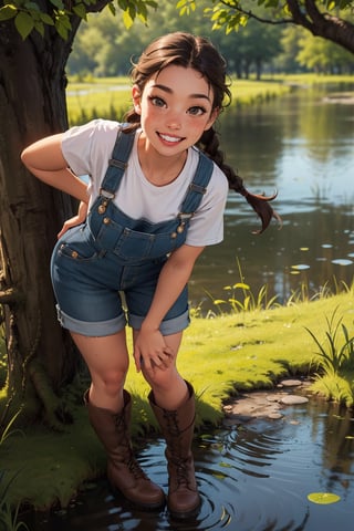 medium breasts, curvy figure, 1girl, hillbilly, brown hair, light skin, messy hair, twin braids, gap in teeth, freckles, plaid shirt, short overalls, swamp boots, smiling, cute pose, pinup, leaning against a tree, realistic, high quality, beside a swamp,SAM YANG