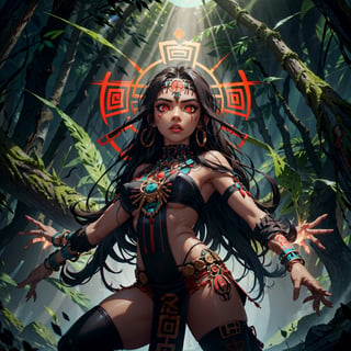 Masterpiece, ultra hd, 8k,  (red eyes), (bright eyes:1.2), (brownskin), glowing red eyes, perfect figure, finely detailed_body, one female, aztec woman, (solo), very long hair, (black hair), aztec clothes, aztec goddess, aztec tattoos,  |  ((dynamic angle, dynamic pose)), detailed background, Glowing Runes, sunshine, jungle, Detailed face,