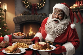  (masterpiece, photo realistic), Santa Claus holding a plate of bad food, disgusting look on Santa face