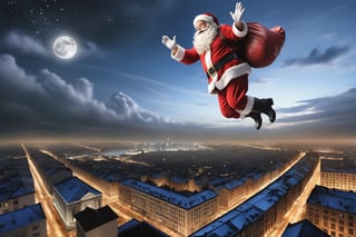 (masterpiece, photo realistic, ), Santa magically flying in the sky, over city at night, amazing view , photo r3al